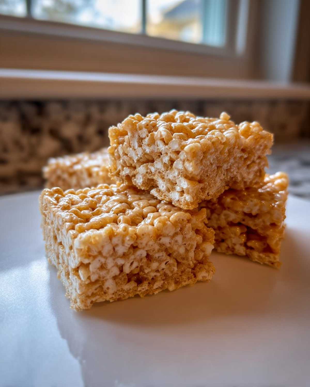 A stack of three chewy Brown Butter Rice Krispie Treat Bars resting on a white plate.