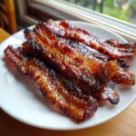 Several strips of crispy, shiny Brown Sugar Glazed Bacon piled on a white plate near a window.