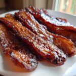 Four strips of shiny, caramelized Brown Sugar Glazed Bacon resting on a white plate.