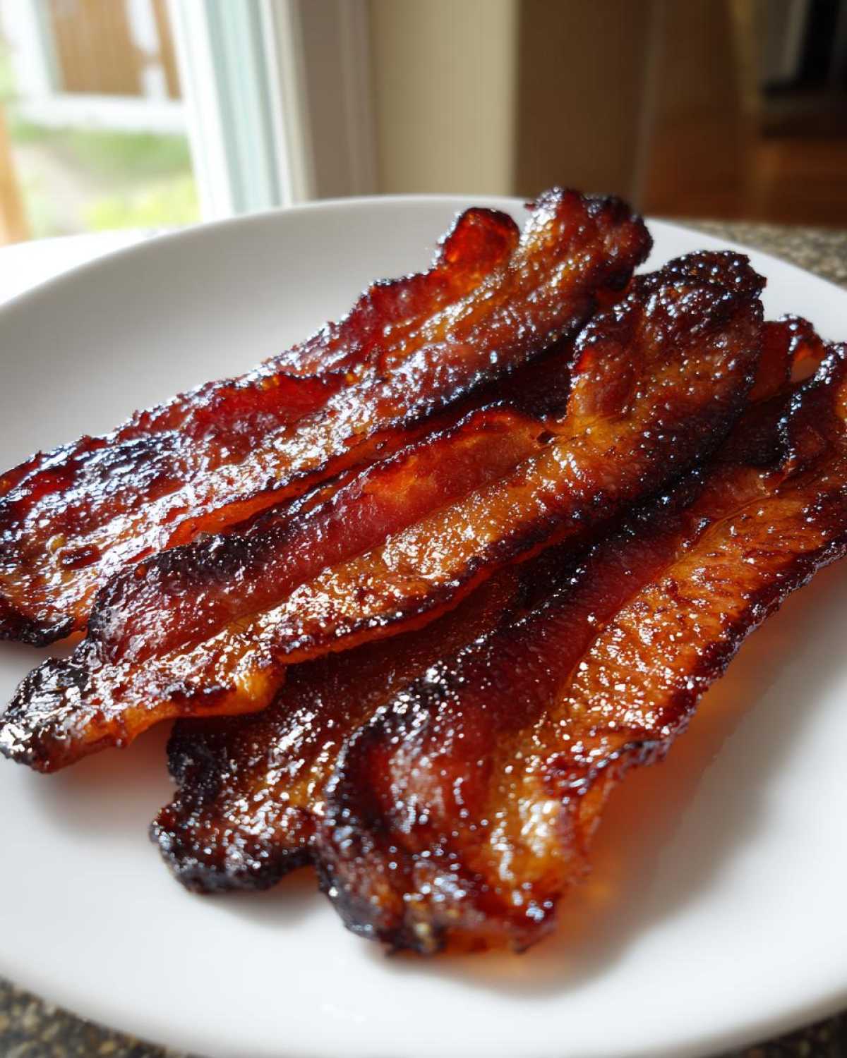 Four strips of shiny, caramelized Brown Sugar Glazed Bacon resting on a white plate.