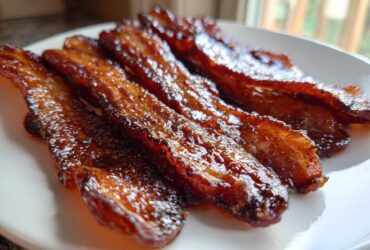 Four strips of shiny, caramelized Brown Sugar Glazed Bacon resting on a white plate.