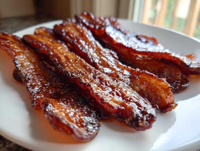 Four strips of shiny, caramelized Brown Sugar Glazed Bacon resting on a white plate.