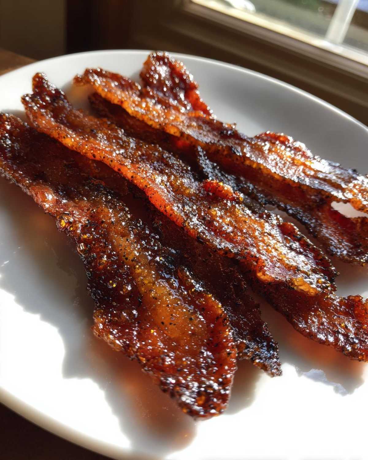 Four strips of glistening, caramelized Brown Sugar Glazed Bacon resting on a white plate, illuminated by sunlight.