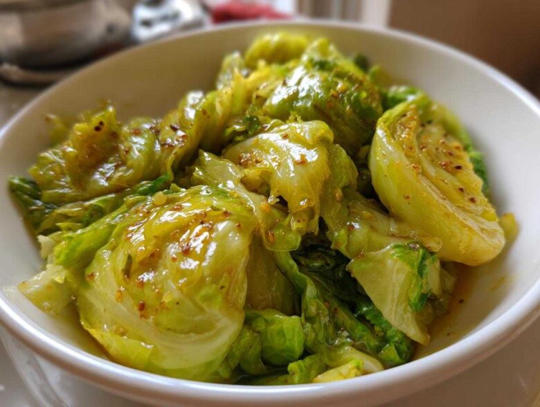 Close-up of glossy, bright green cabbage pieces coated in a savory Garlic Ginger Sauce in a white bowl.