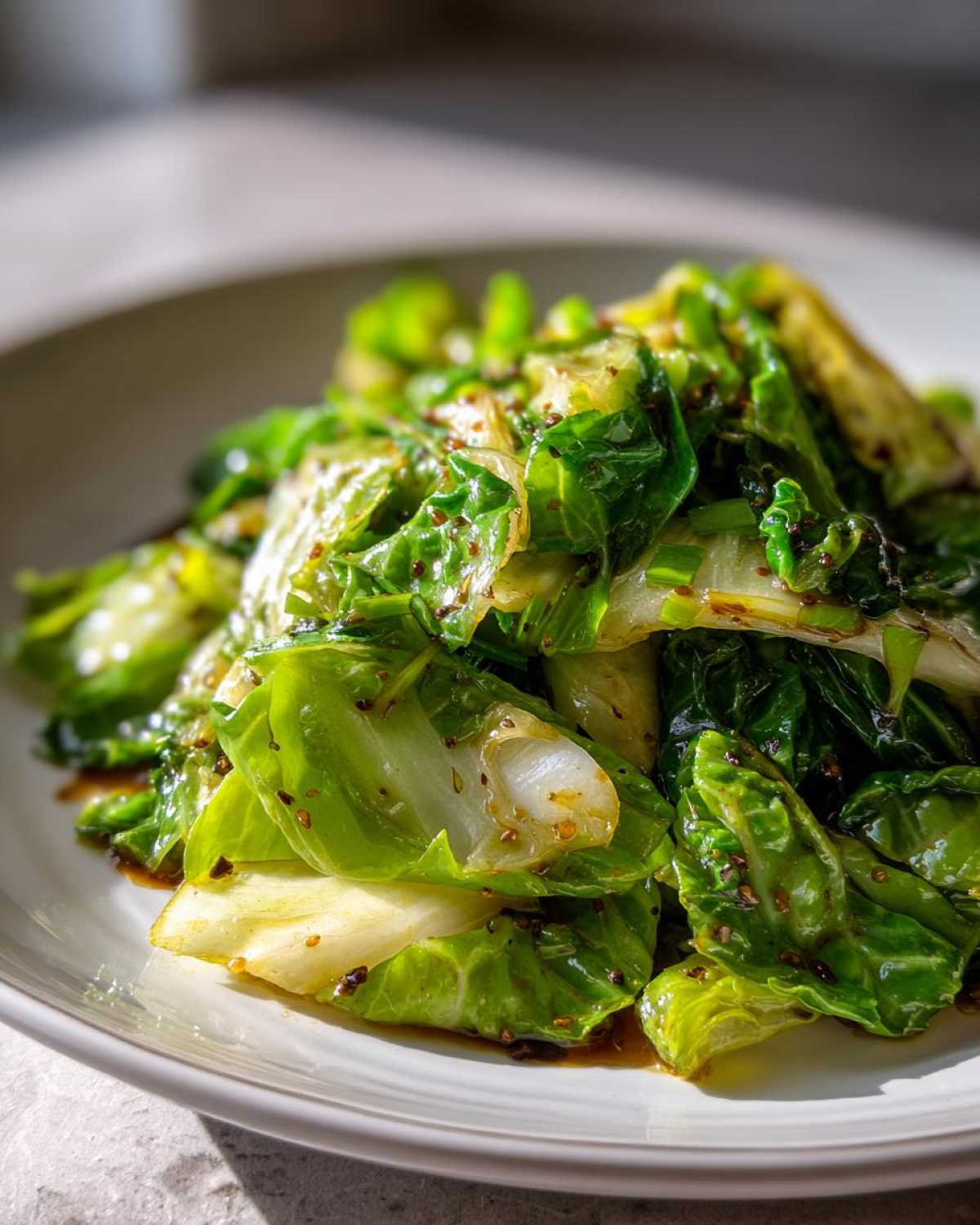 Close-up of vibrant green cabbage stir fry coated in a savory garlic ginger sauce, served on a white plate.