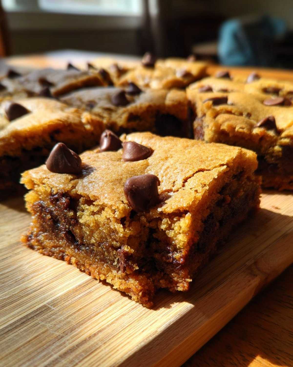 A close-up shot of a thick, chewy chocolate chip cookie bar showing its gooey interior and chocolate chips.