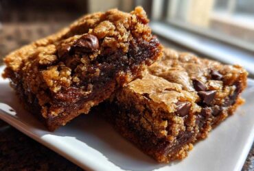 Two thick, gooey Chewy Chocolate Chip Cookie Bars sitting on a white plate, showing melted chocolate centers.