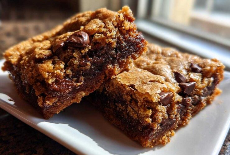 Two thick, gooey Chewy Chocolate Chip Cookie Bars sitting on a white plate, showing melted chocolate centers.