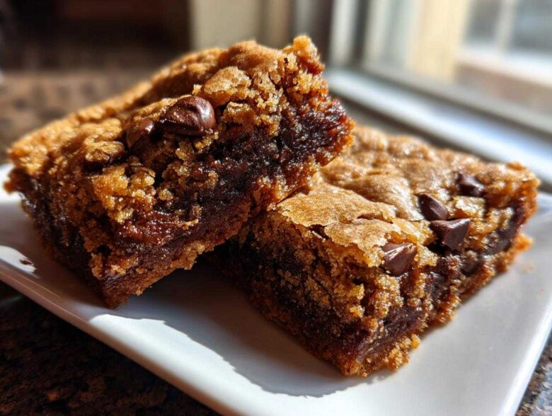 Two thick, gooey Chewy Chocolate Chip Cookie Bars sitting on a white plate, showing melted chocolate centers.