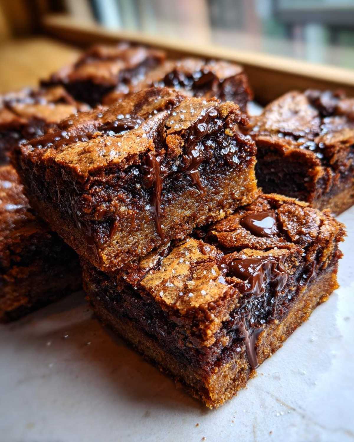 Close-up of rich, gooey Chewy Chocolate Chip Cookie Bars stacked, showing melted chocolate and sea salt.