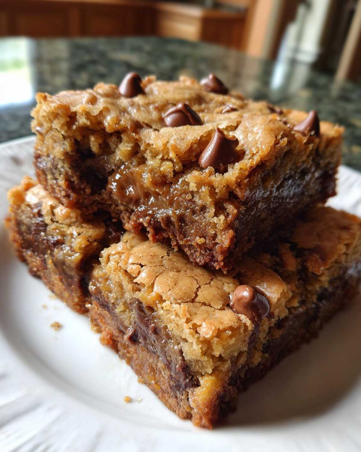 A stack of three rich, chewy chocolate chip cookie bars showing a gooey, melted chocolate center.