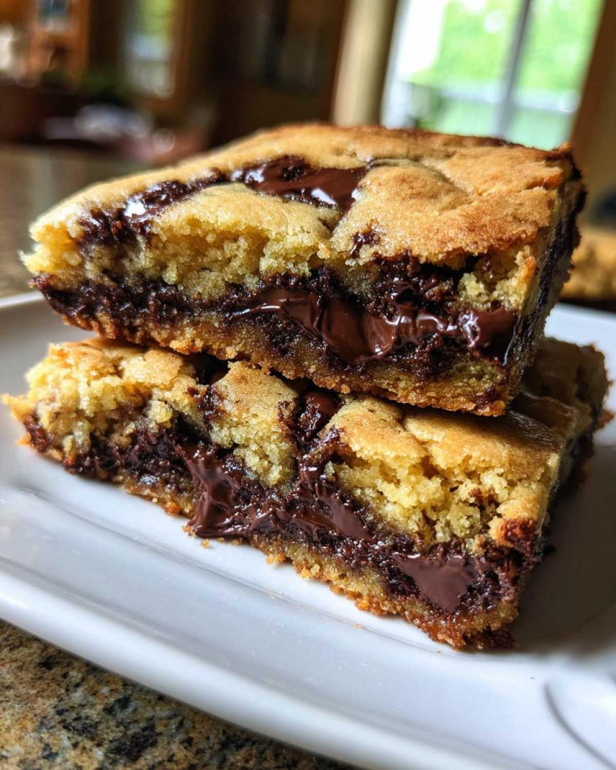 Two stacked squares of Chewy Chocolate Chip Cookie Bars showing gooey, melted chocolate centers.
