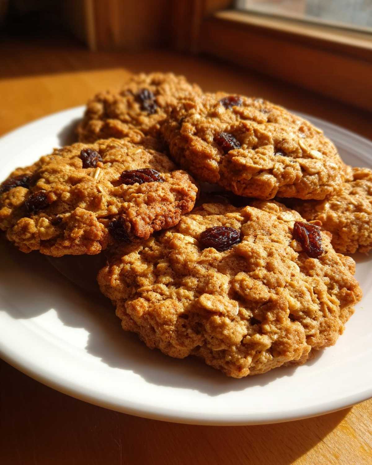 A stack of chewy Gluten-Free Oatmeal Raisin Cookies with visible oats and raisins, resting on a white plate near a window.
