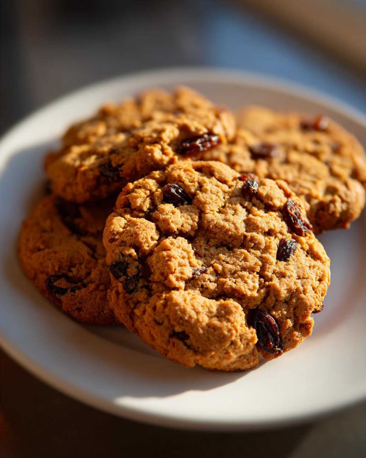 Close-up of chewy Gluten-Free Oatmeal Raisin Cookies stacked on a white plate, bathed in sunlight.