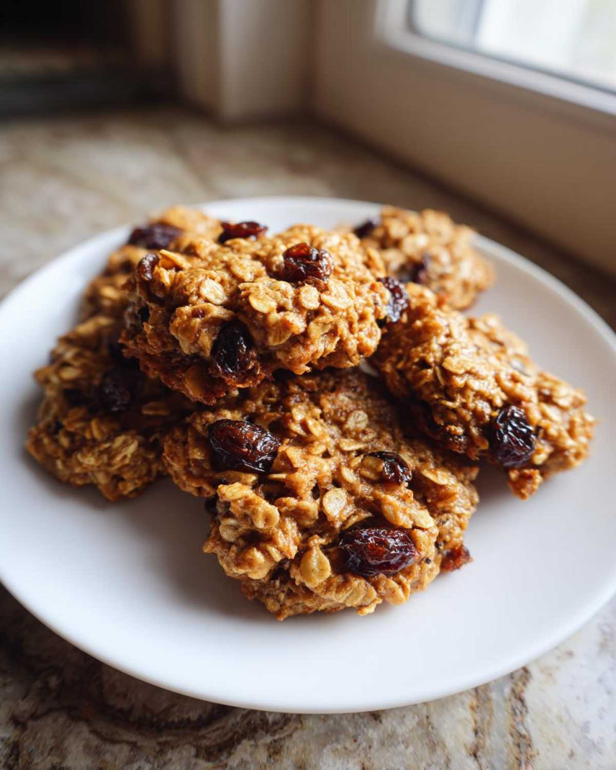 A stack of chewy Gluten-Free Oatmeal Raisin Cookies loaded with plump raisins on a white plate.