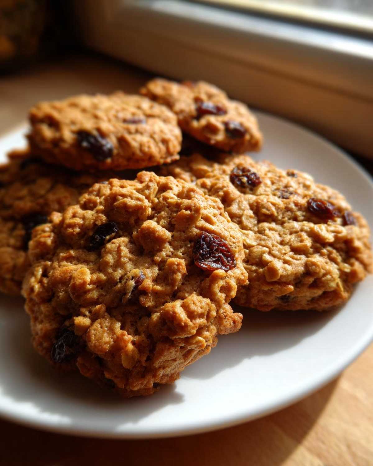 A stack of chewy Gluten-Free Oatmeal Raisin Cookies resting on a white plate, illuminated by sunlight.
