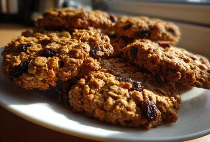 Close-up of several chewy Gluten-Free Oatmeal Raisin Cookies piled on a white plate, illuminated by sunlight.