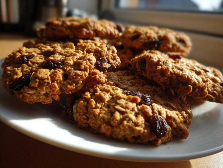 Close-up of several chewy Gluten-Free Oatmeal Raisin Cookies piled on a white plate, illuminated by sunlight.