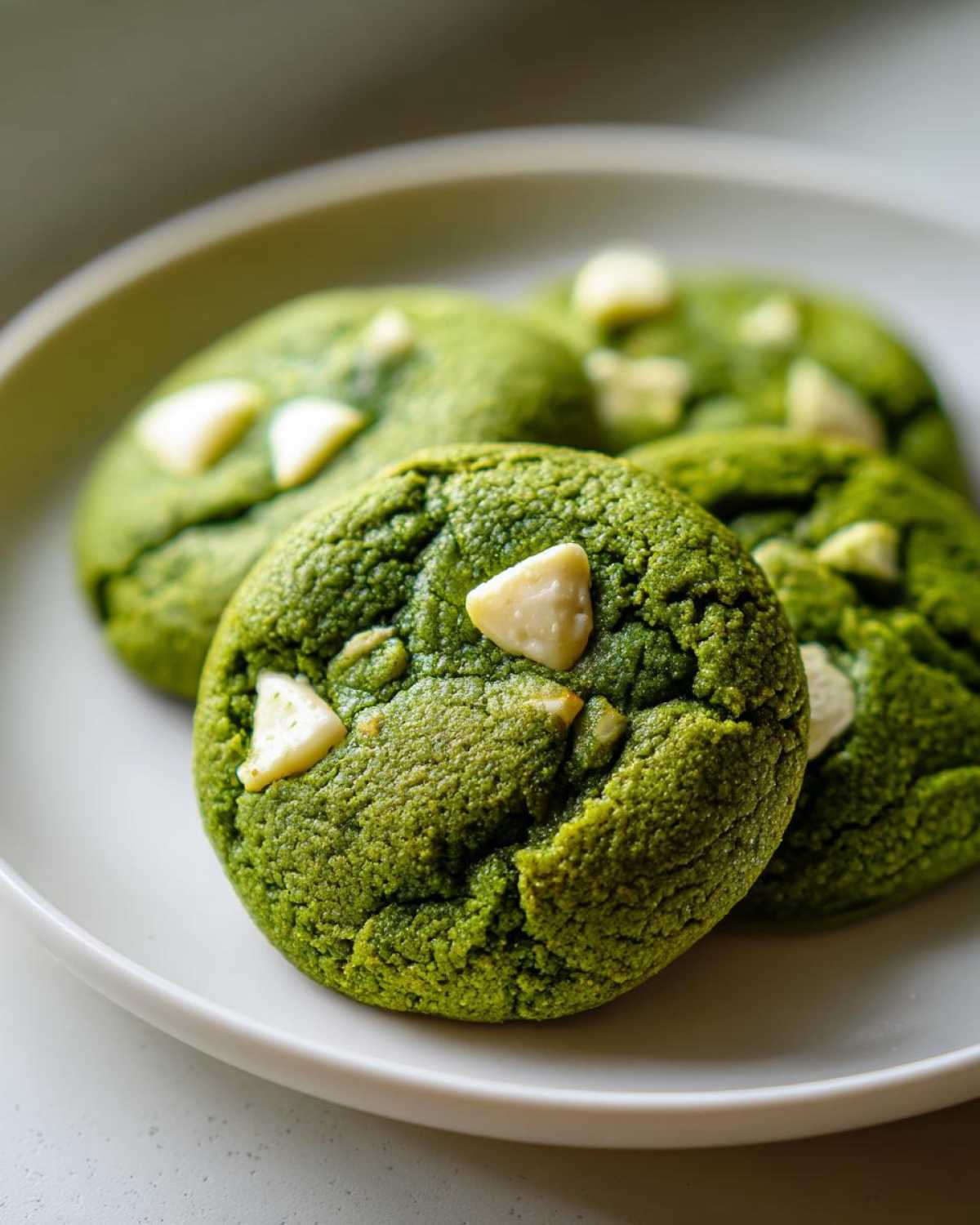 A close-up of several vibrant green, chewy matcha white chocolate cookies resting on a light plate.