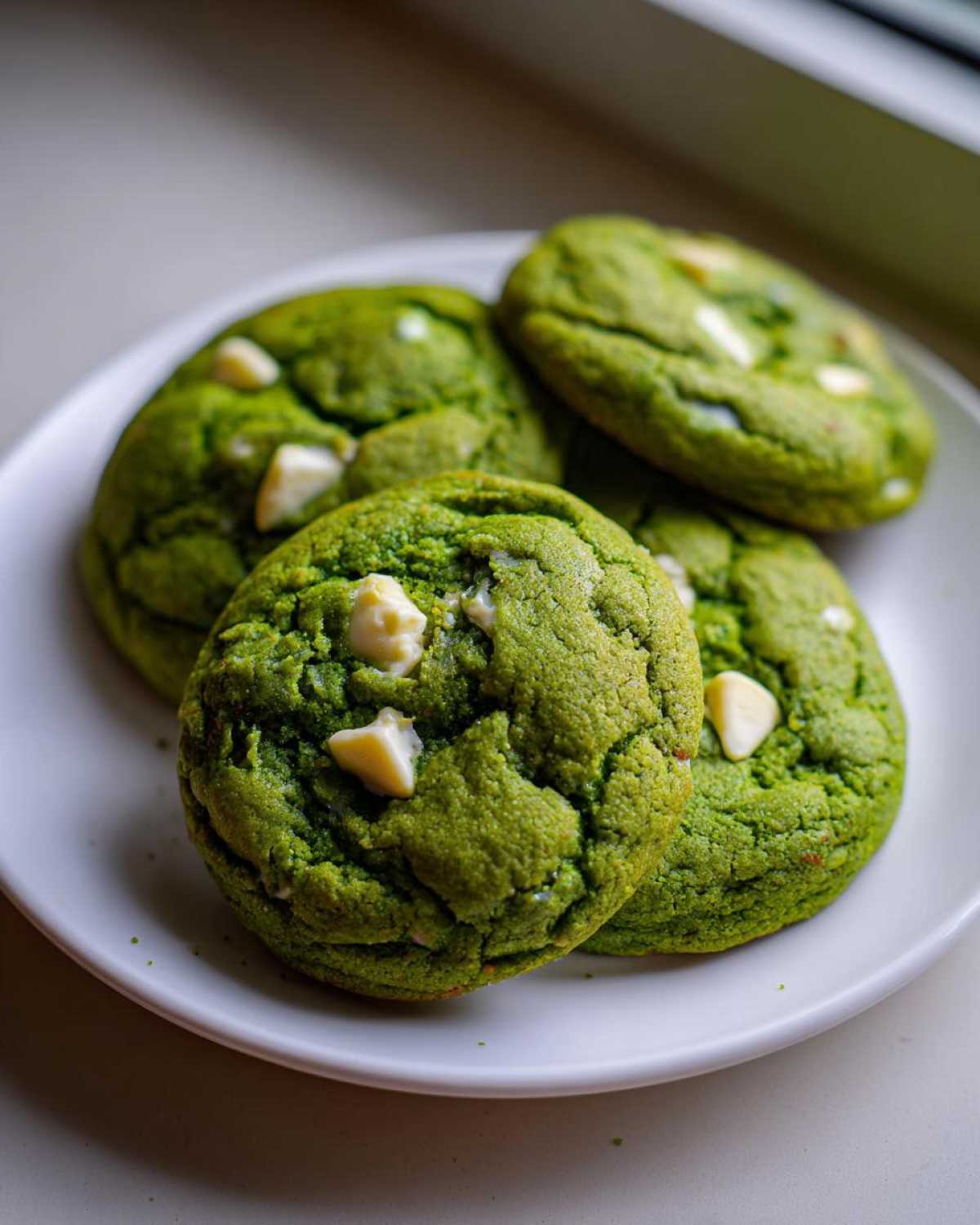 Four vibrant green, chewy matcha white chocolate cookies stacked slightly on a white plate.