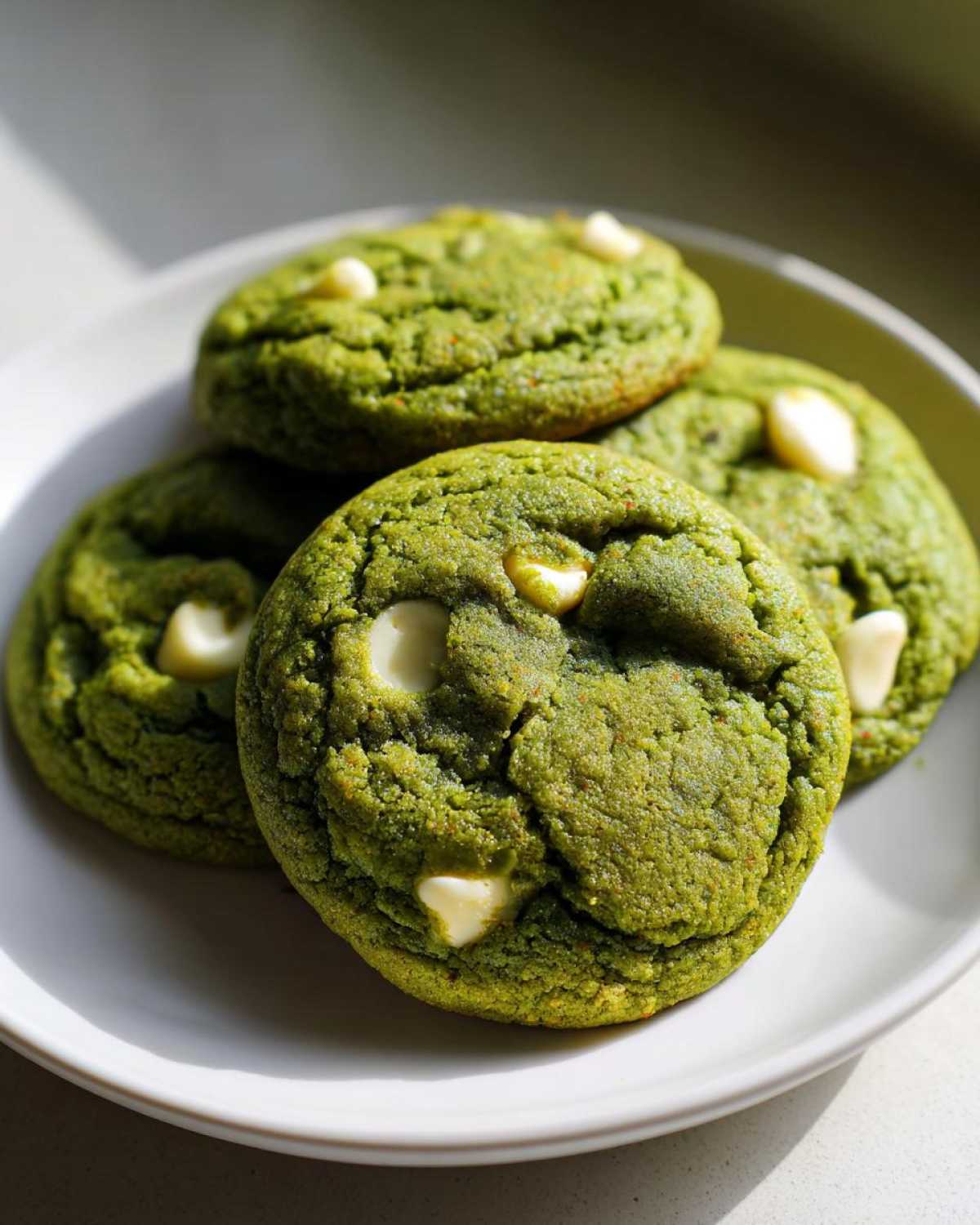 Close-up of four vibrant green, chewy matcha white chocolate cookies stacked slightly on a white plate.