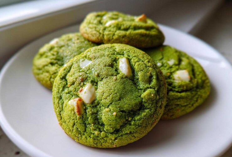 A close-up of four vibrant green Chewy Matcha White Chocolate Cookies studded with white chocolate chunks, resting on a white plate.