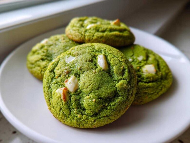 A close-up of four vibrant green Chewy Matcha White Chocolate Cookies studded with white chocolate chunks, resting on a white plate.