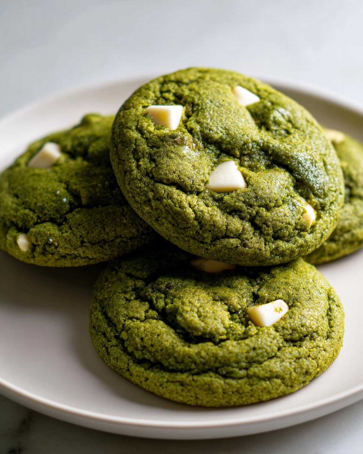 A close-up of several chewy matcha white chocolate cookies stacked on a light-colored plate.