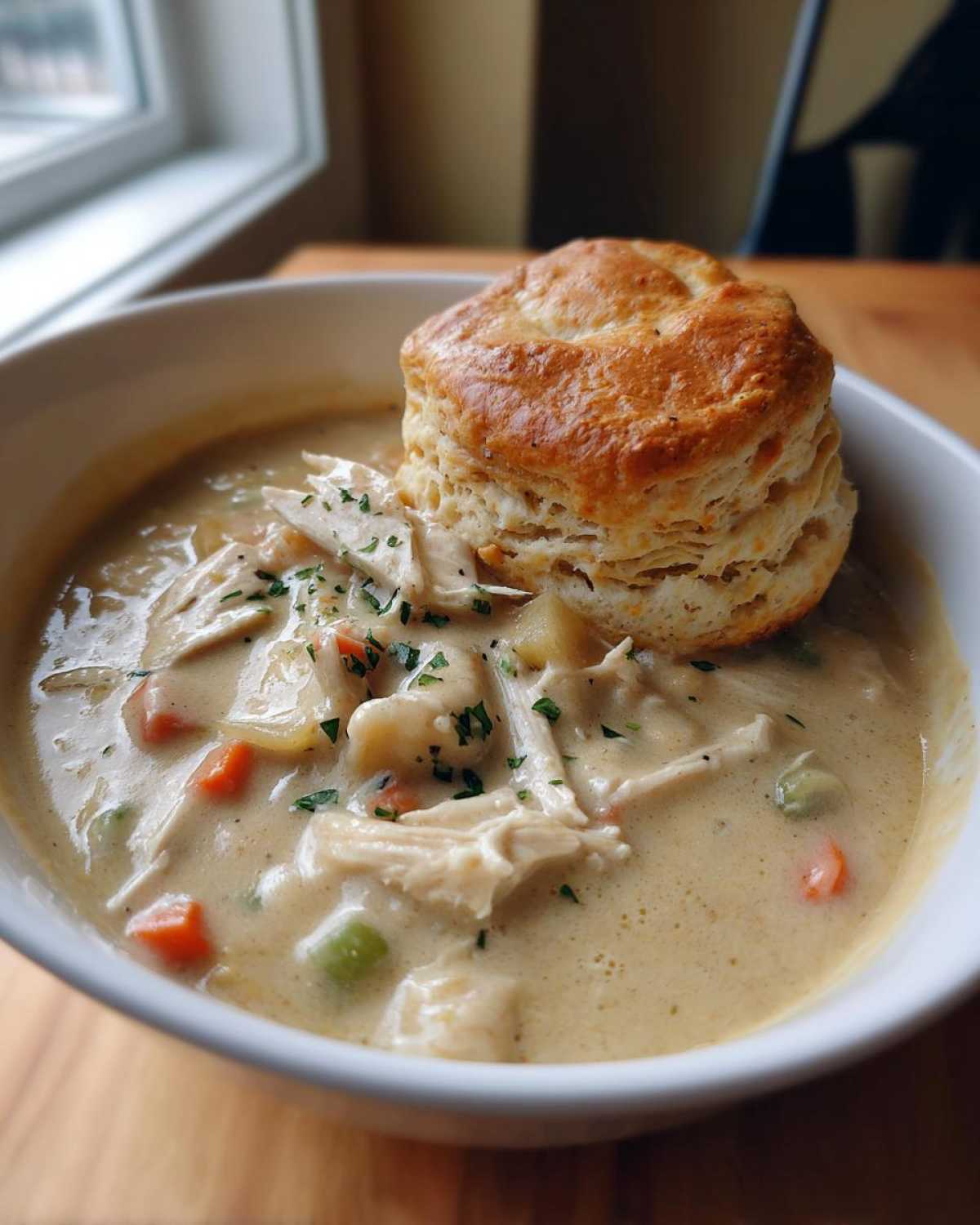 A bowl of creamy Chicken Pot Pie Soup topped with shredded chicken, vegetables, and a golden biscuit.