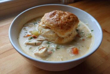 A bowl of creamy Chicken Pot Pie Soup topped with a golden, flaky biscuit.