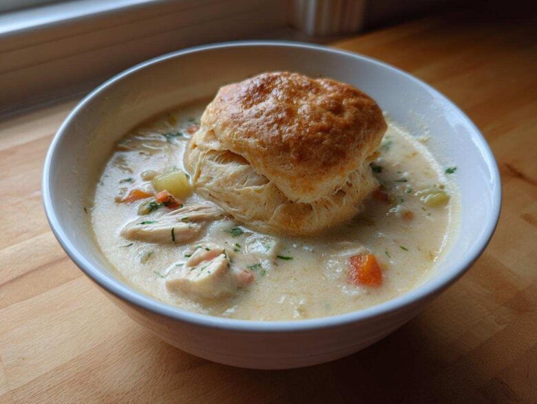 A bowl of creamy Chicken Pot Pie Soup topped with a golden, flaky biscuit.