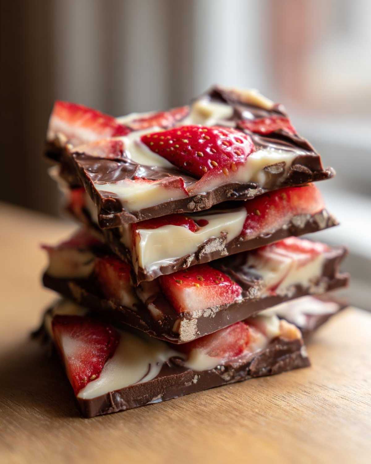 A stack of four pieces of Chocolate Covered Strawberry Bark featuring dark chocolate, white chocolate swirls, and fresh strawberry slices.