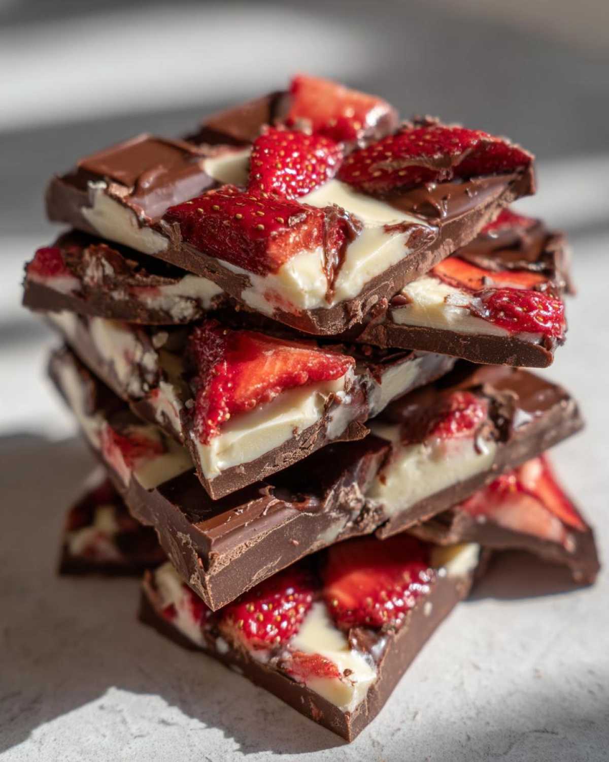 A stack of broken pieces of Chocolate Covered Strawberry Bark featuring dark chocolate, white chocolate, and sliced strawberries.
