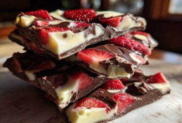 A stack of broken pieces of Chocolate Covered Strawberry Bark featuring dark chocolate, white chocolate swirls, and fresh strawberry slices.