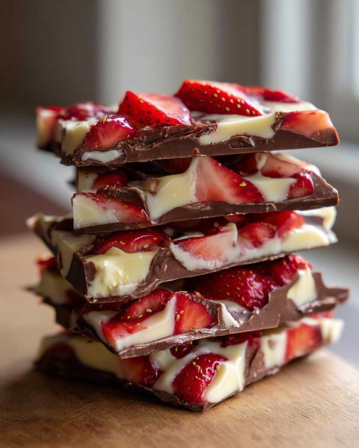 A stack of five broken pieces of Chocolate Covered Strawberry Bark featuring dark chocolate, white chocolate swirls, and fresh strawberry slices.