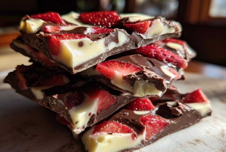 A stack of broken pieces of Chocolate Covered Strawberry Bark featuring dark chocolate, white chocolate swirls, and fresh strawberry slices.