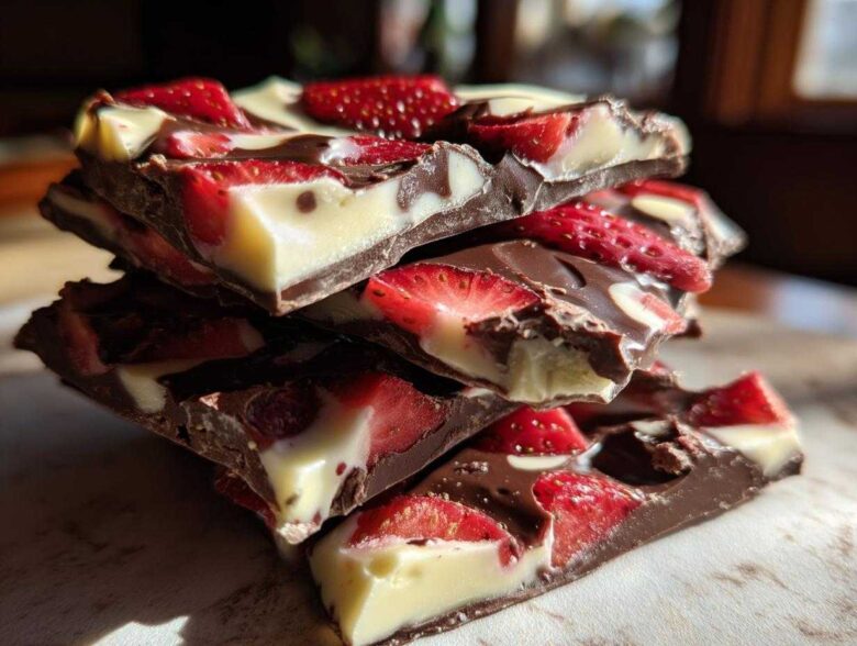 A stack of broken pieces of Chocolate Covered Strawberry Bark featuring dark chocolate, white chocolate swirls, and fresh strawberry slices.