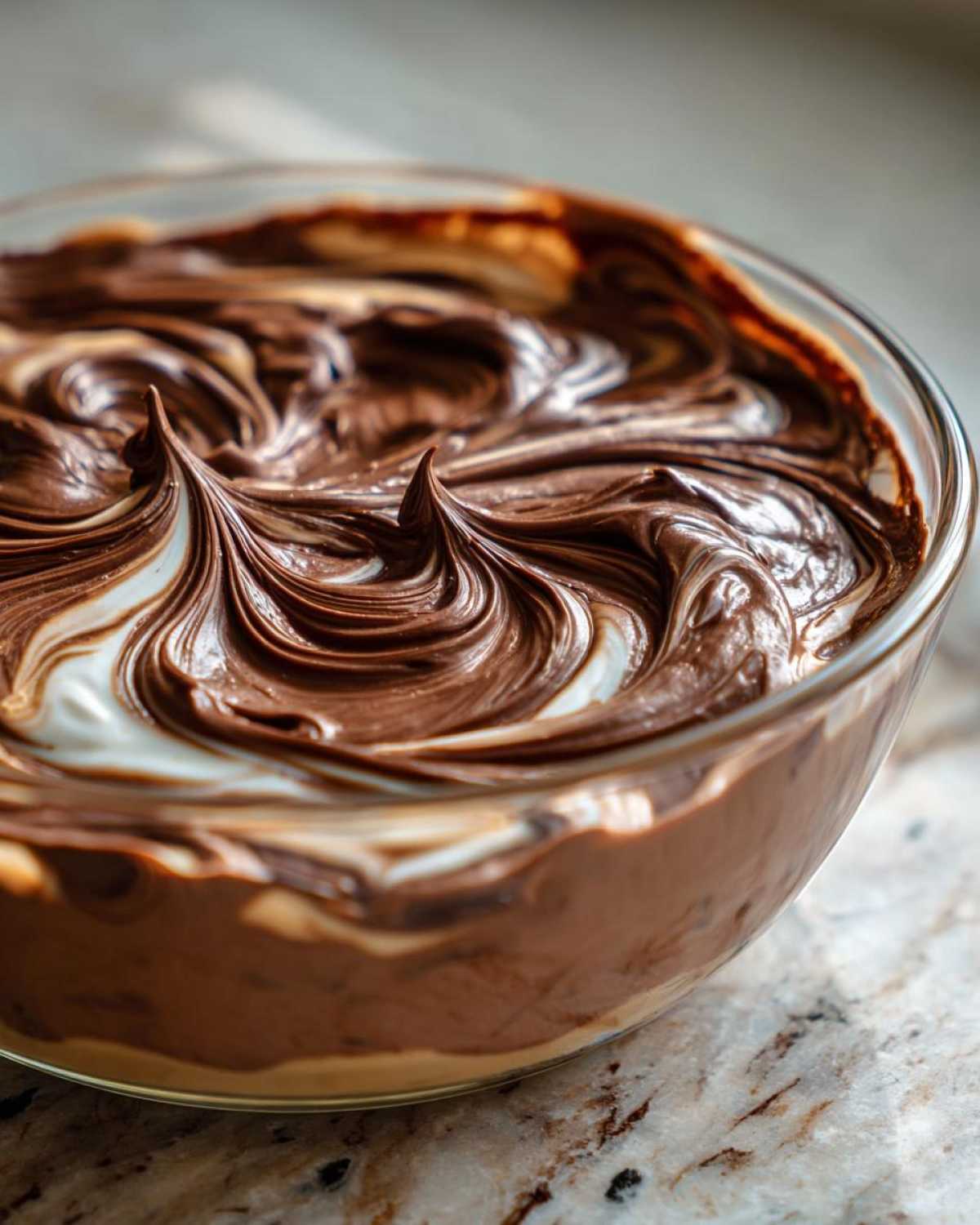 Close-up of creamy Chocolate Peanut Butter Cheesecake Dip being swirled in a clear glass bowl.