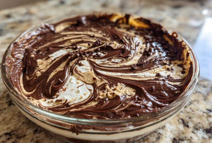 Close-up of Chocolate Peanut Butter Cheesecake Dip swirled with chocolate and peanut butter, topped with sprinkles.