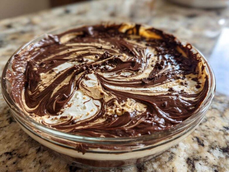 Close-up of Chocolate Peanut Butter Cheesecake Dip swirled with chocolate and peanut butter, topped with sprinkles.