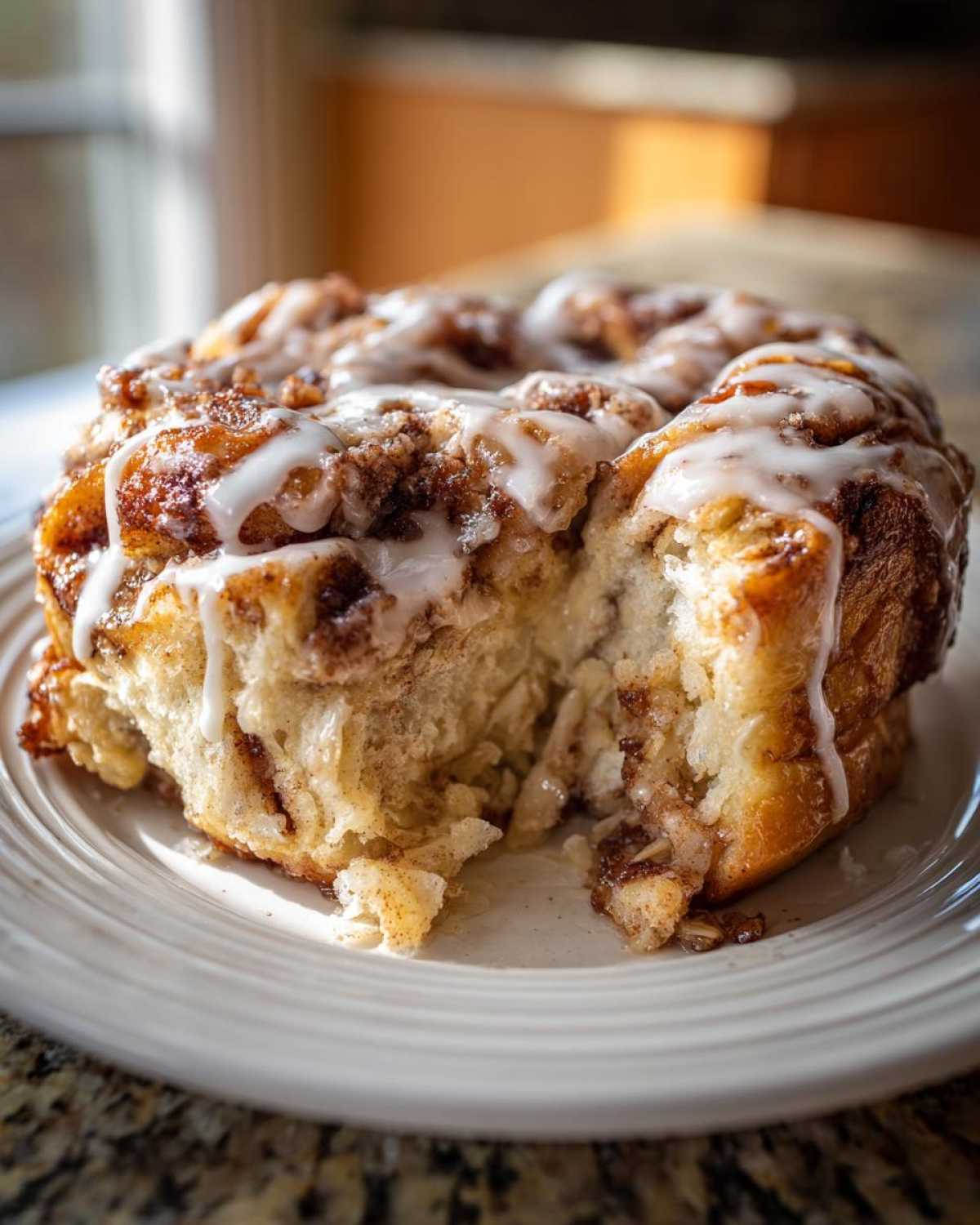 A close-up of a portion of Cinnamon Roll Overnight French Toast Bake, showing soft interior, cinnamon swirl, and white icing drizzle.