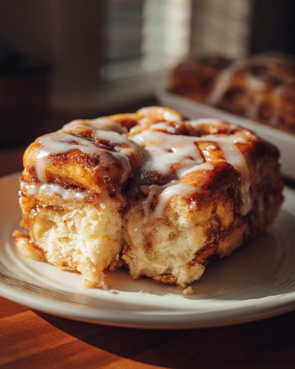 A close-up of a serving of Cinnamon Roll Overnight French Toast Bake, drizzled with white icing.