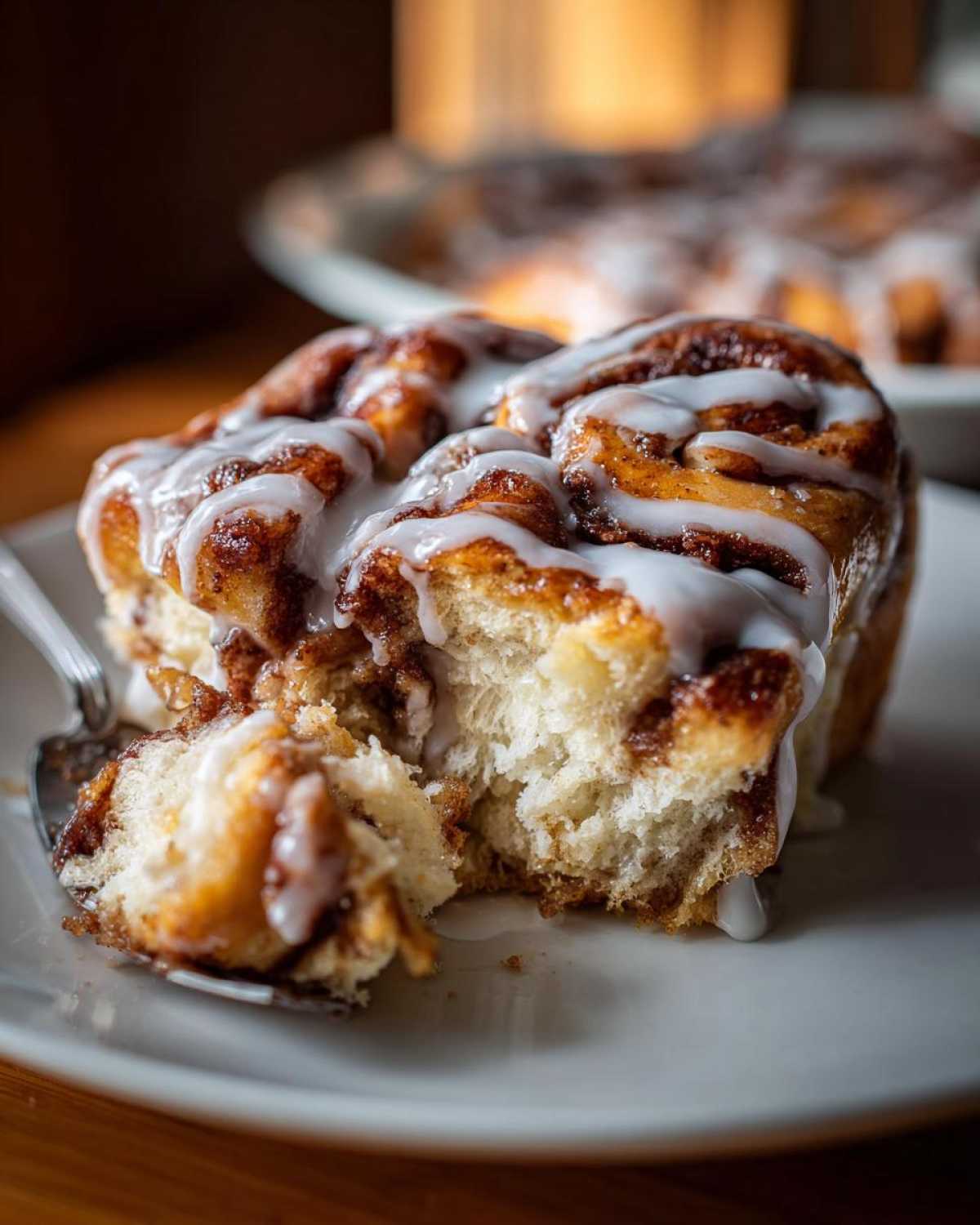 Close-up of a portion of Cinnamon Roll Overnight French Toast Bake drizzled with icing.