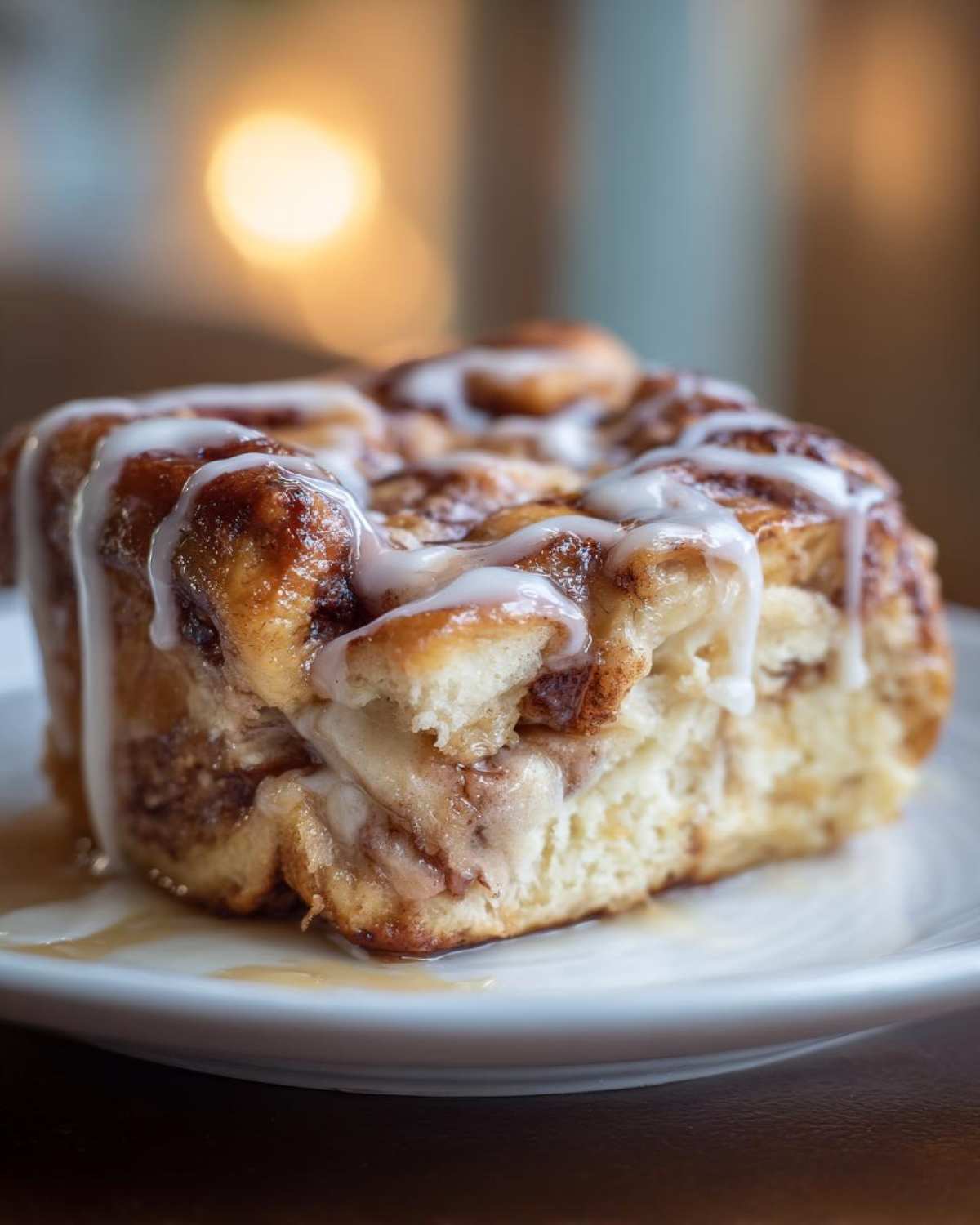 Close-up of a serving of Cinnamon Roll Overnight French Toast Bake drizzled with white icing.