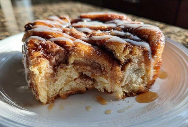 Close-up of a serving of Cinnamon Roll Overnight French Toast Bake, drizzled with white icing and syrup.
