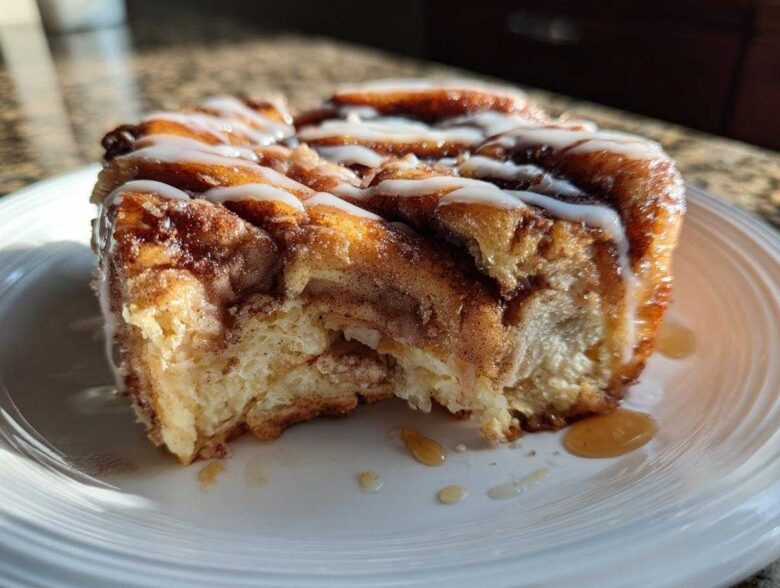 Close-up of a serving of Cinnamon Roll Overnight French Toast Bake, drizzled with white icing and syrup.