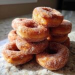 A tempting stack of golden brown Cinnamon Sugar Air Fryer Donuts coated heavily in sparkling sugar.