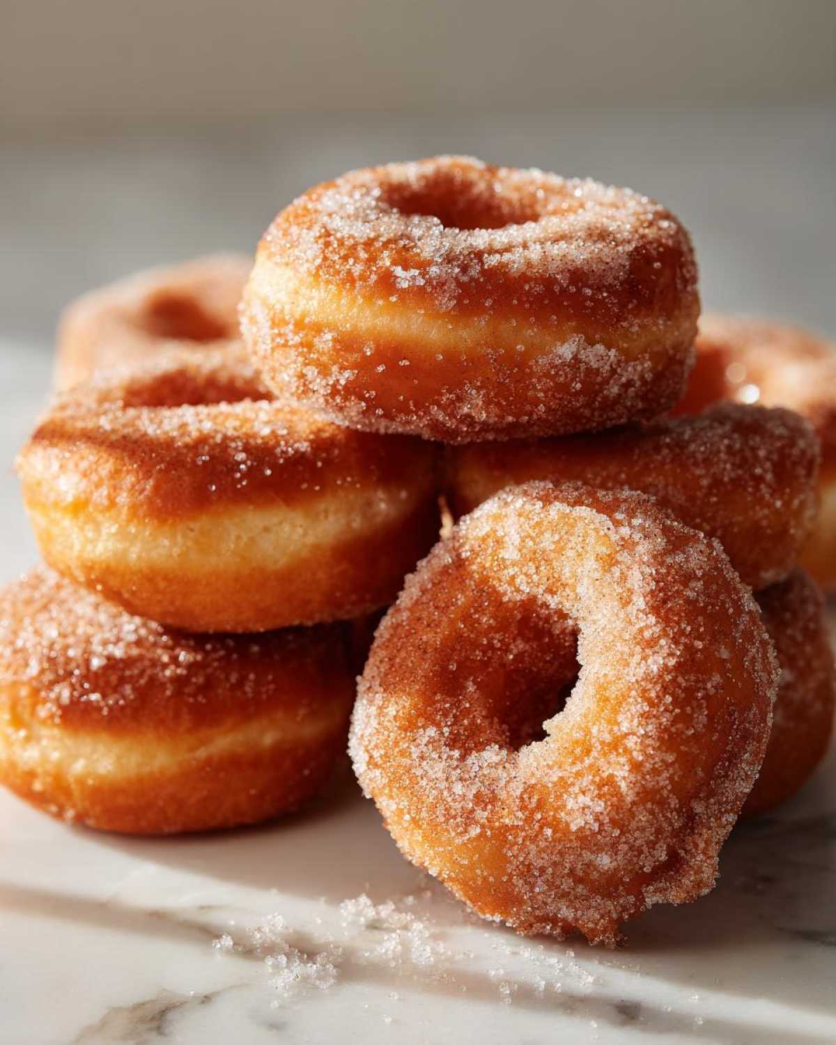 A close-up stack of golden brown Cinnamon Sugar Air Fryer Donuts heavily coated in sparkling sugar crystals.