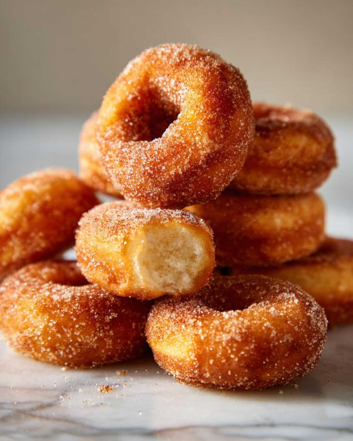 A close-up stack of golden Cinnamon Sugar Air Fryer Donuts, one donut is broken open showing the fluffy interior.