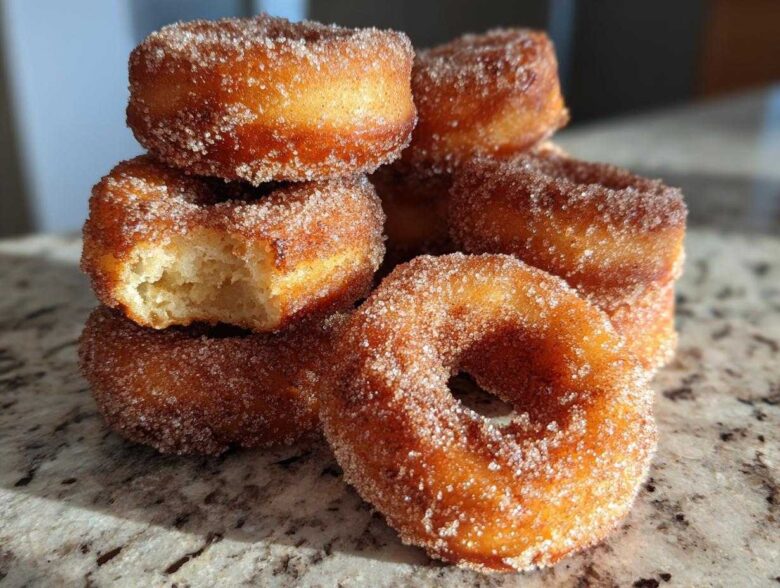 A stack of golden brown Cinnamon Sugar Air Fryer Donuts heavily coated in sparkling cinnamon sugar, one has a bite missing.